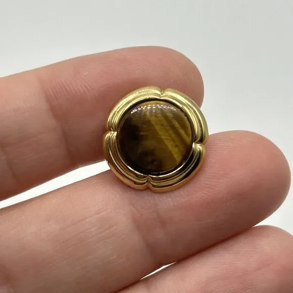 Tiger Eye Cuff Links Brown Gold Tone Round Unsigned - Picture 4 of 9